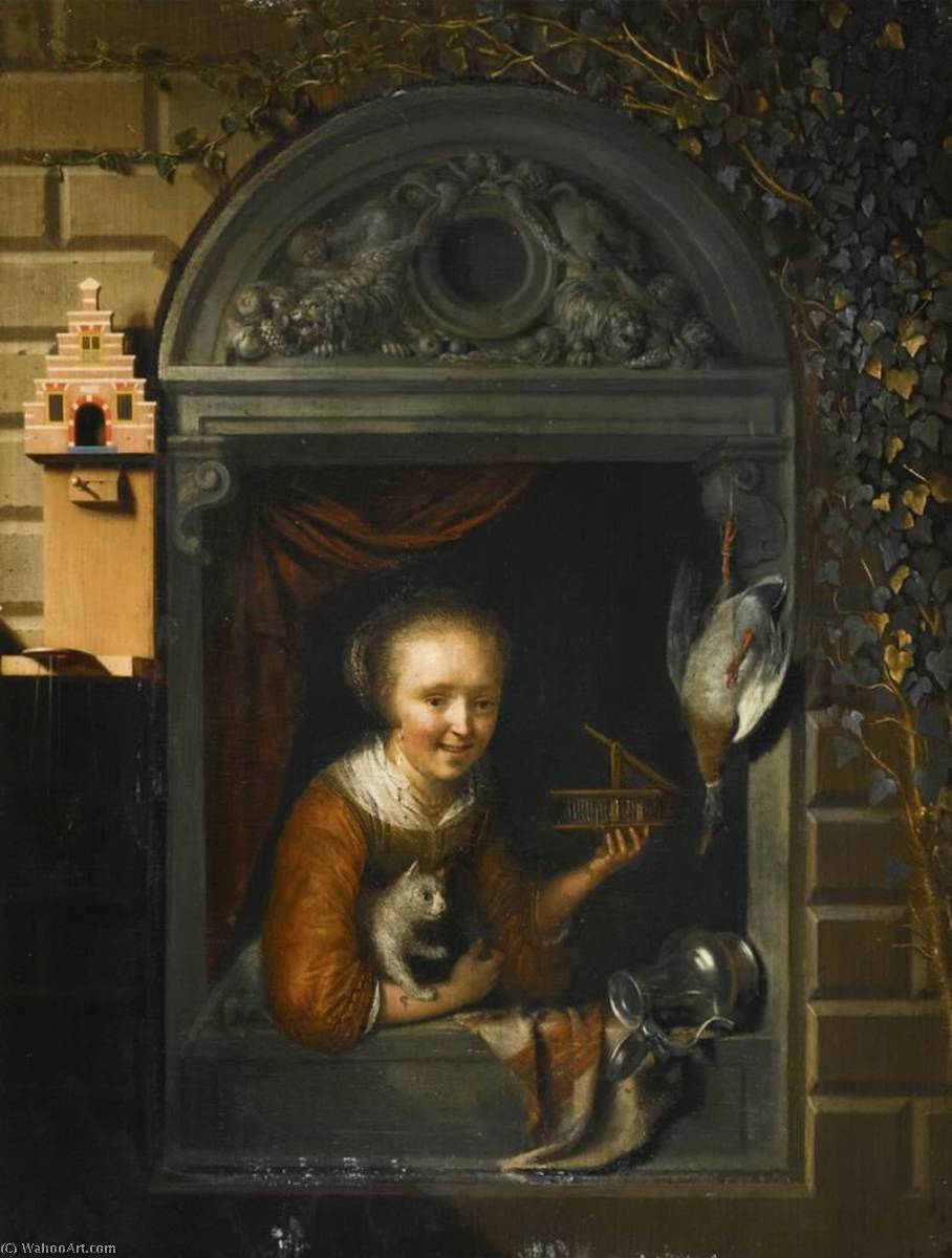 Buy Museum Art Reproductions Young Girl at a Window Ledge, 1672 by Gerrit (Gérard) Dou (1613-1675, Netherlands) | ArtsDot.com