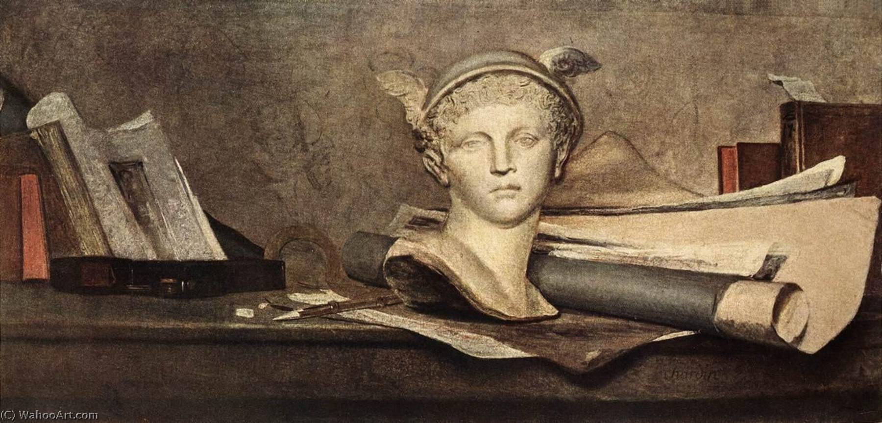 Ordinare Stampe Di Qualità Del Museo Gli attributi delle arti con un Busto di Mercurio, 1728 di Jean-Baptiste Simeon Chardin (1699-1779, France) | ArtsDot.com