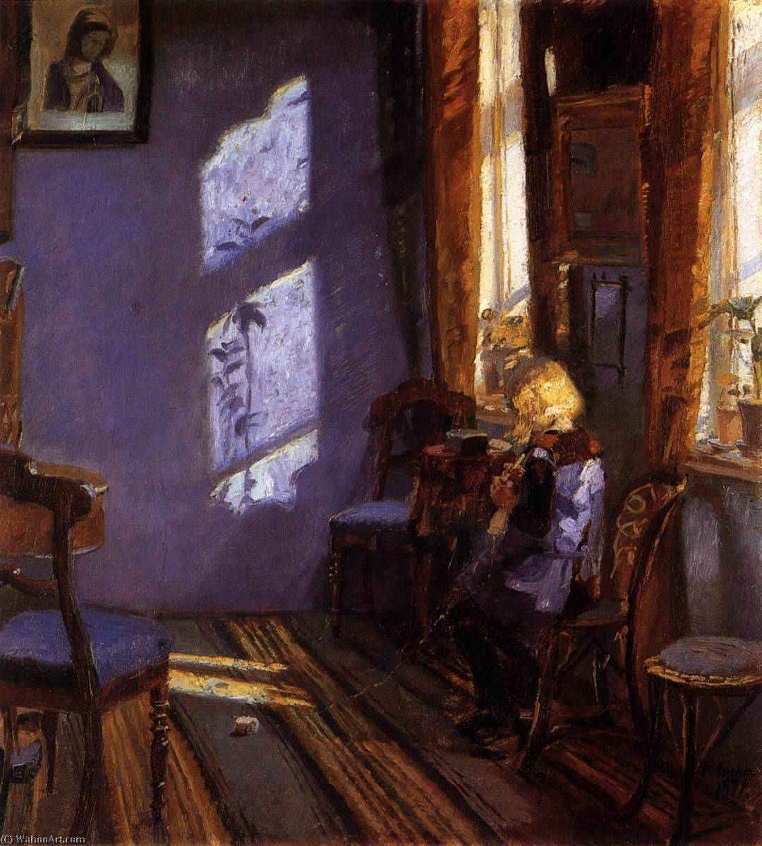 Buy Museum Art Reproductions Sunlight in the Blue Room. Helga Ancher Knitting in her Grandmother`s Room, 1891 by Anna Kirstine Ancher (1859-1935, Denmark) | ArtsDot.com