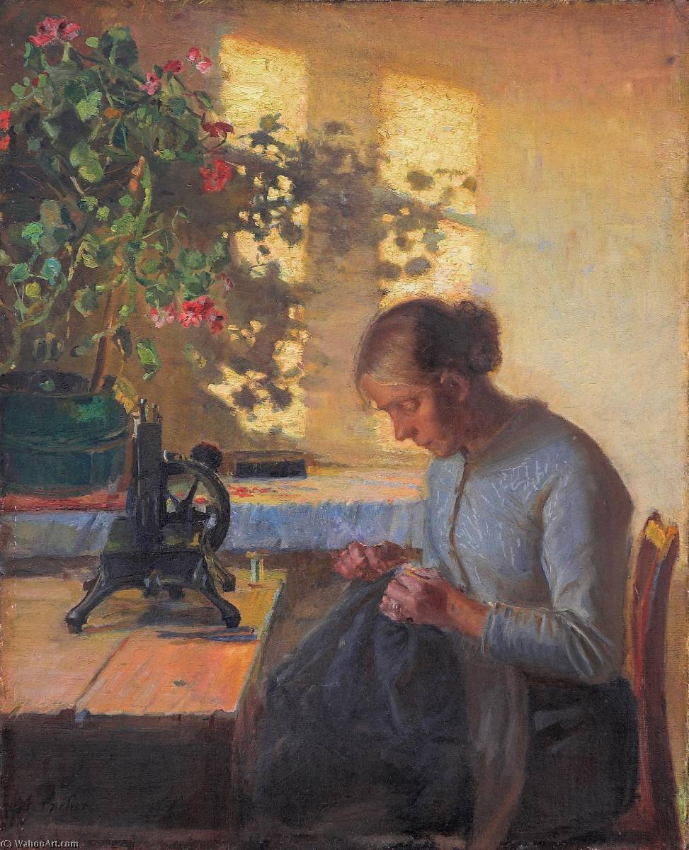 Order Oil Painting Replica Syende fiskerpige English Sewing fisherman`s wife, 1890 by Anna Kirstine Ancher (1859-1935, Denmark) | ArtsDot.com