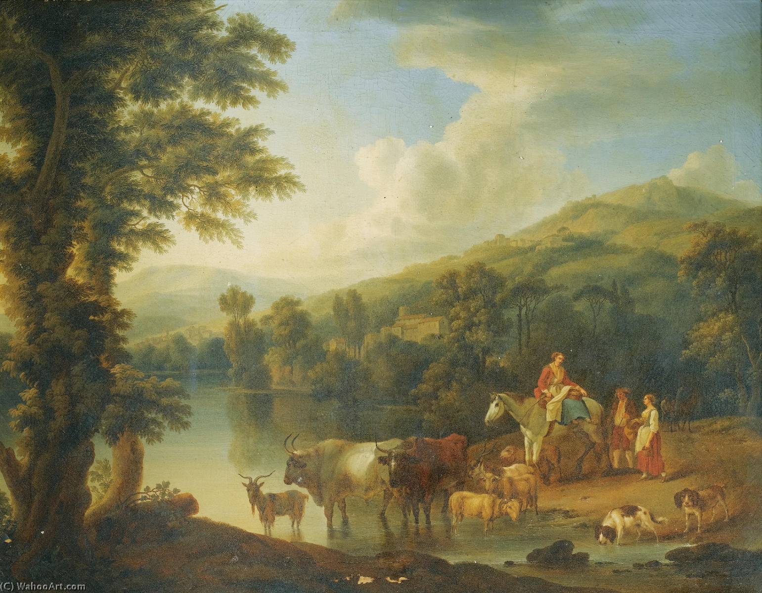 Buy Museum Art Reproductions A Wooded River Landscape with a Woman on a grey horse with animals watering A Wooded River Landscape with a shepherd resting beneath a tree by cows and goats by Jakob Philipp Hackert (1737-1807) | ArtsDot.com