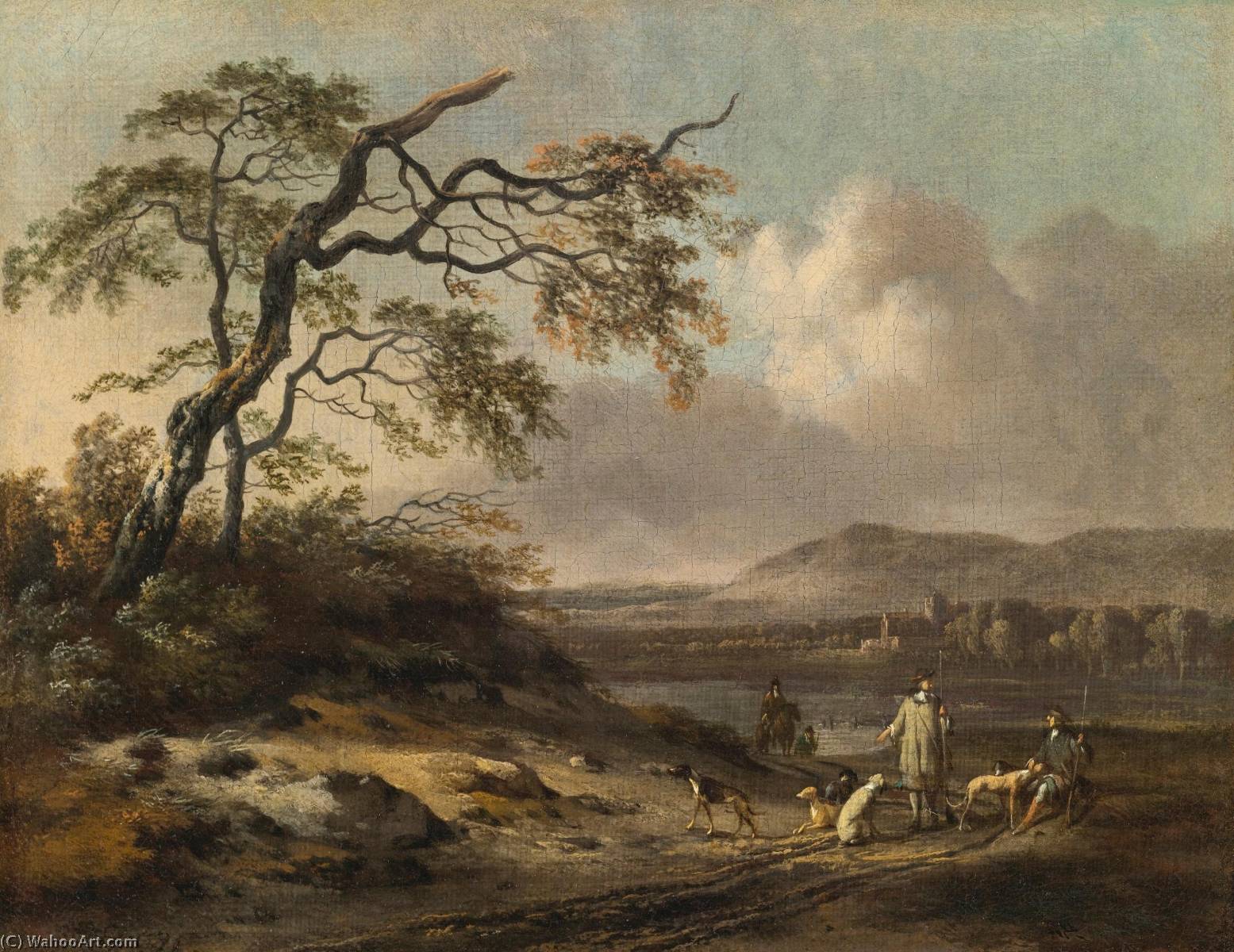 Order Oil Painting Replica Dune landscape with hunters in the foreground, a lake and mountains beyond by Jan Jansz Wijnants (1632-1684, Netherlands) | ArtsDot.com