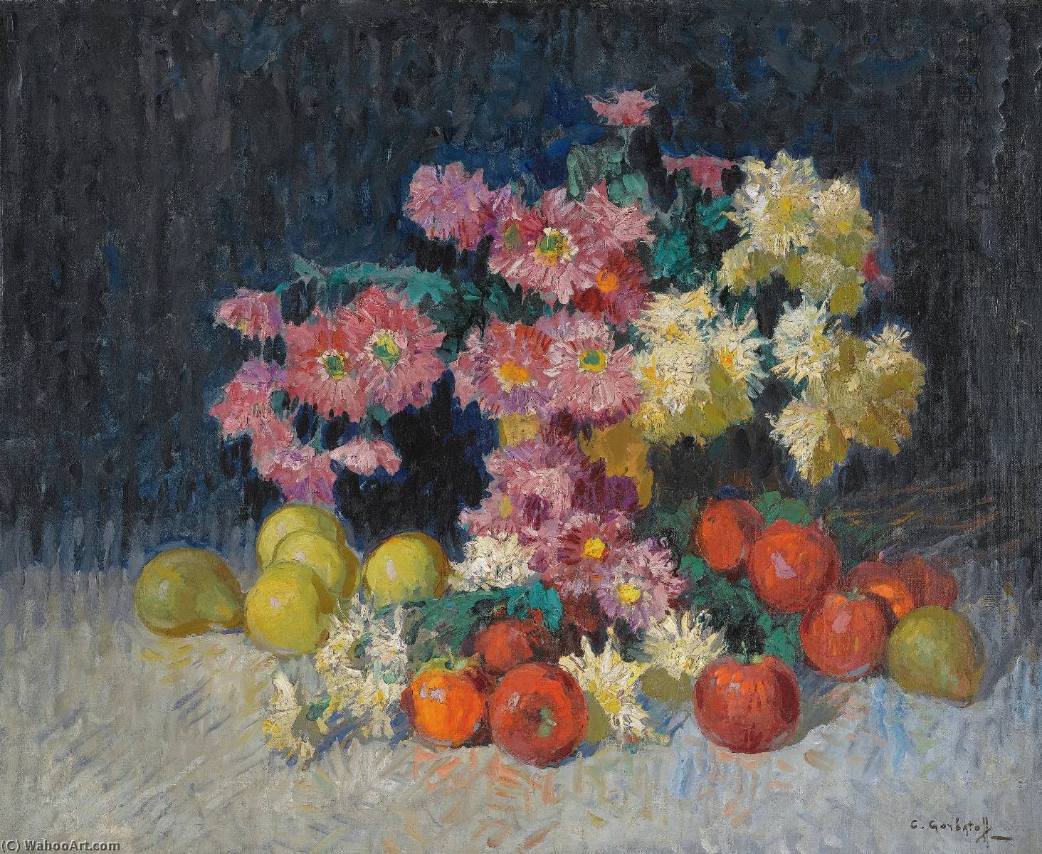 Order Art Reproductions Still Life with Flowers and Fruit by Konstantin Ivanovich Gorbatov (1876-1945) | ArtsDot.com