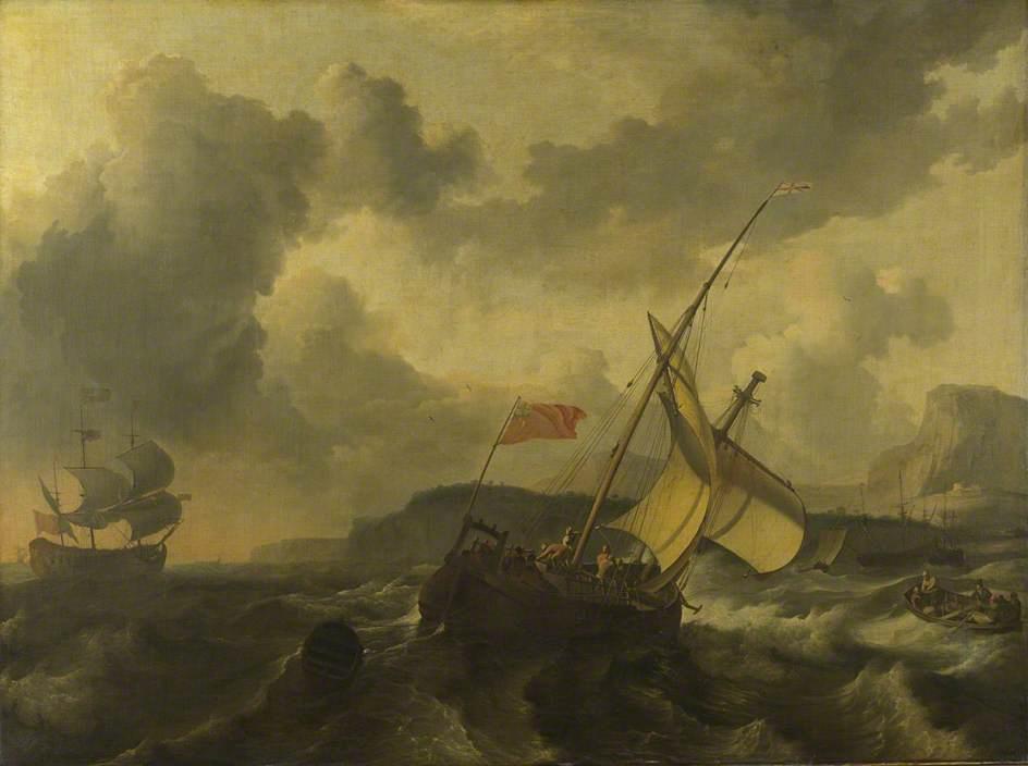 Order Oil Painting Replica An English Vessel and a Man of war in a Rough Sea off a Coast with Tall Cliffs, 1688 by Ludolf Backhuysen | ArtsDot.com