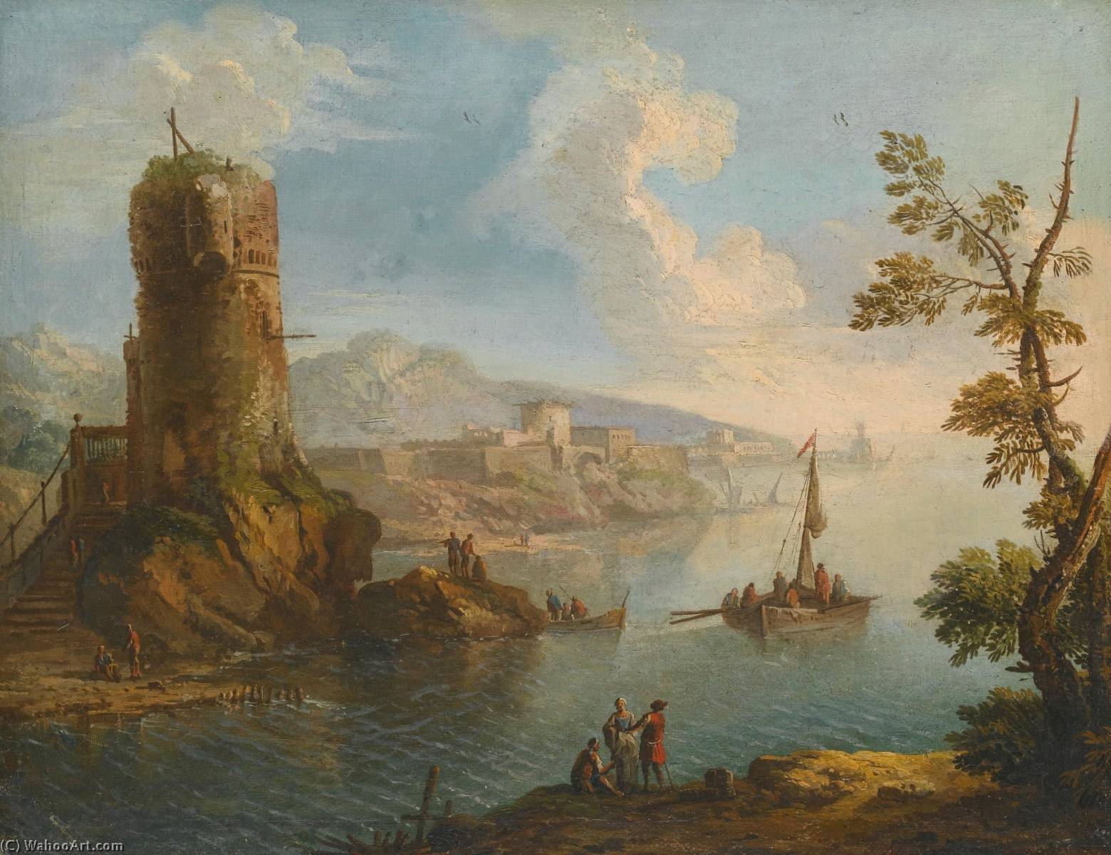 Buy Museum Art Reproductions Harbour scene with a ruined watch tower and groups of figures standing on the rocky shore by Paolo Anesi (1697-1773) | ArtsDot.com