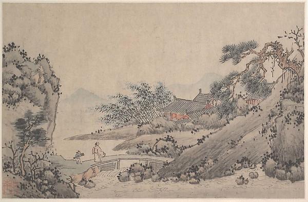 Order Oil Painting Replica Landscape with Man Crossing Bridge by Shen Zhou (1427-1509, China) | ArtsDot.com