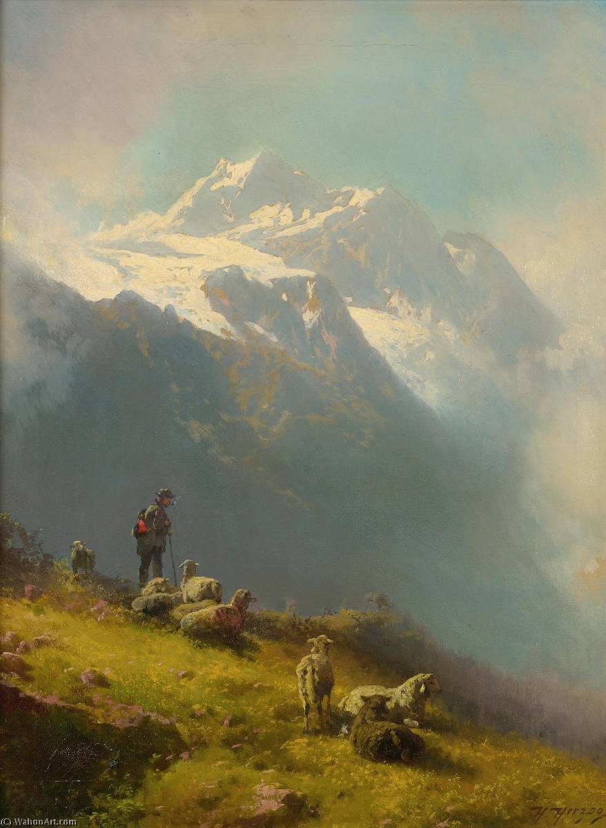 Order Oil Painting Replica A Shepherd with his Flock by Hermann Herzog (1832-1932) | ArtsDot.com