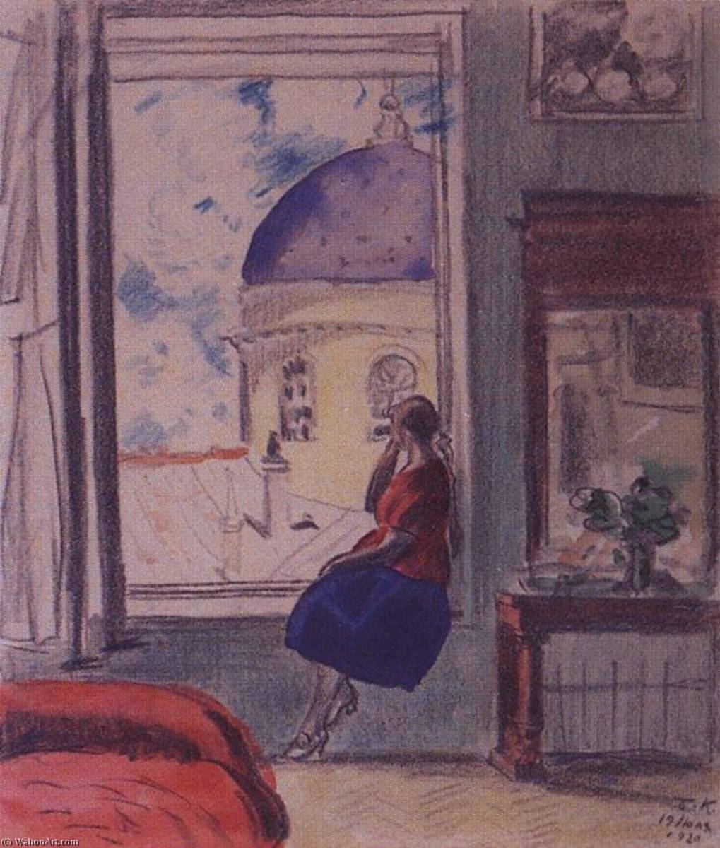 Order Paintings Reproductions Interior with a Female Figure at the Window, 1920 by Boris Mikhaylovich Kustodiev | ArtsDot.com