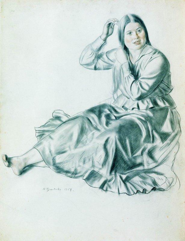 Order Oil Painting Replica Girl Combing Her Hair, 1917 by Boris Mikhaylovich Kustodiev | ArtsDot.com