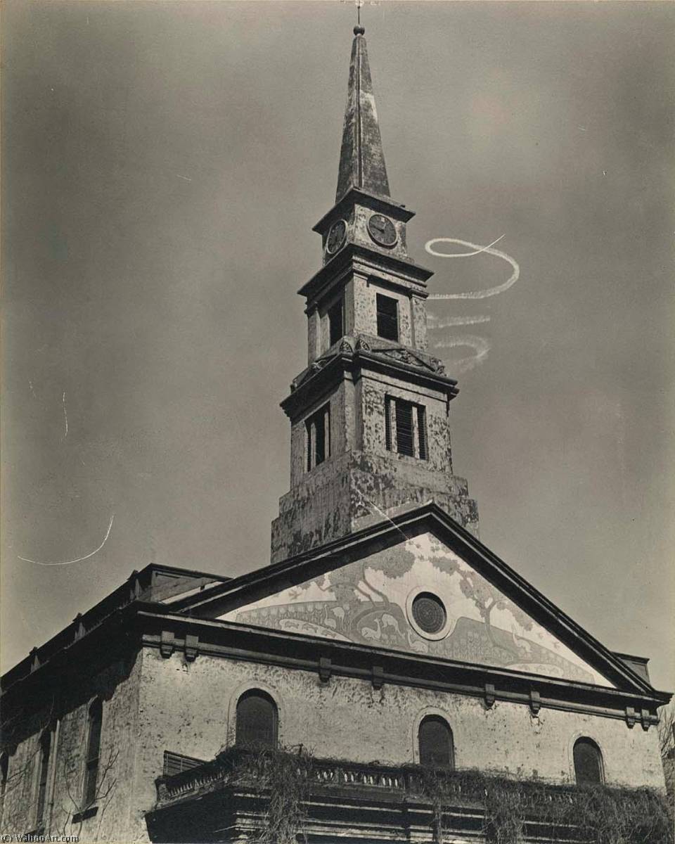 Order Art Reproductions St. Mark`s Church, with Skywriting Spiral, East 10th Street at 2nd Avenue, 1937 by Berenice Abbott (Inspired By) (1898-1991, United States) | ArtsDot.com