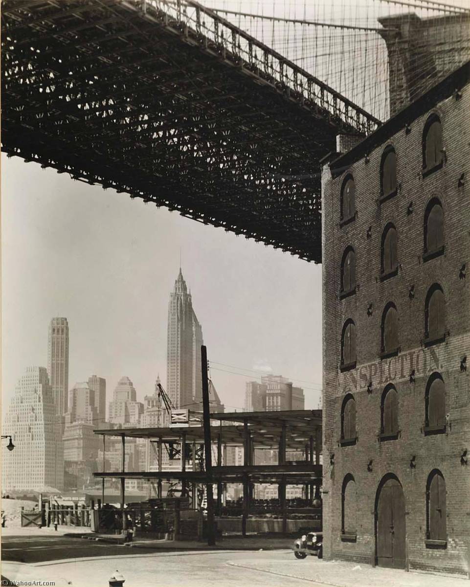 Order Oil Painting Replica Brooklyn Bridge, Water and Dock Streets, Brooklyn, 1936 by Berenice Abbott (Inspired By) (1898-1991, United States) | ArtsDot.com
