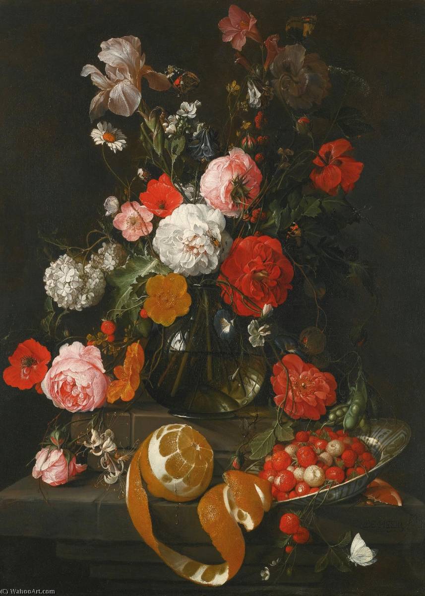 Order Art Reproductions A still life of roses, poppies, lillies and other flowers in a glass vase on a marble shelf beneath a partly peeled orange and fraises de bois in a Wan Li porcelain dish, both on a projecting marble ledge by Cornelis Jansz De Heem (1631-1695) | ArtsDot.com