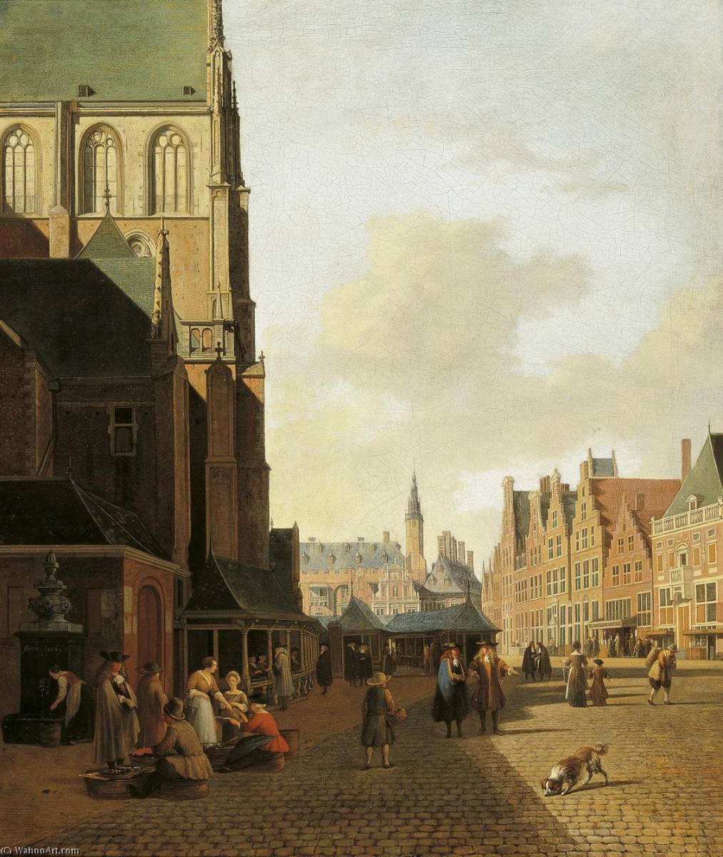 Order Paintings Reproductions The Fish Market in Haarlem looking towards the Town Hall, 1692 by Gerrit Adriaenszoon Berckheyde (1638-1698) | ArtsDot.com