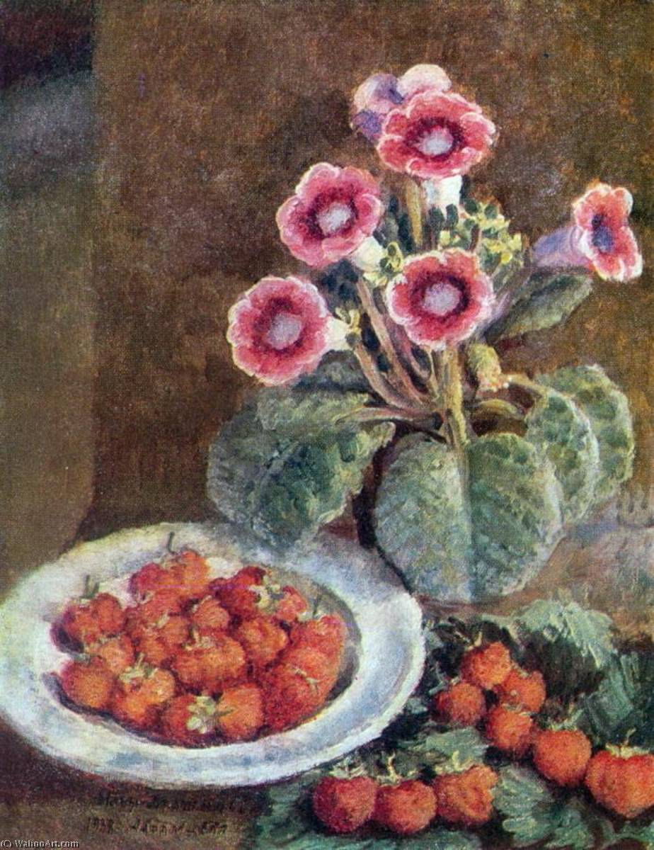 Order Paintings Reproductions A flower in a pot and strawberries, 1938 by Ilya Ivanovich Mashkov (1881-1944) | ArtsDot.com