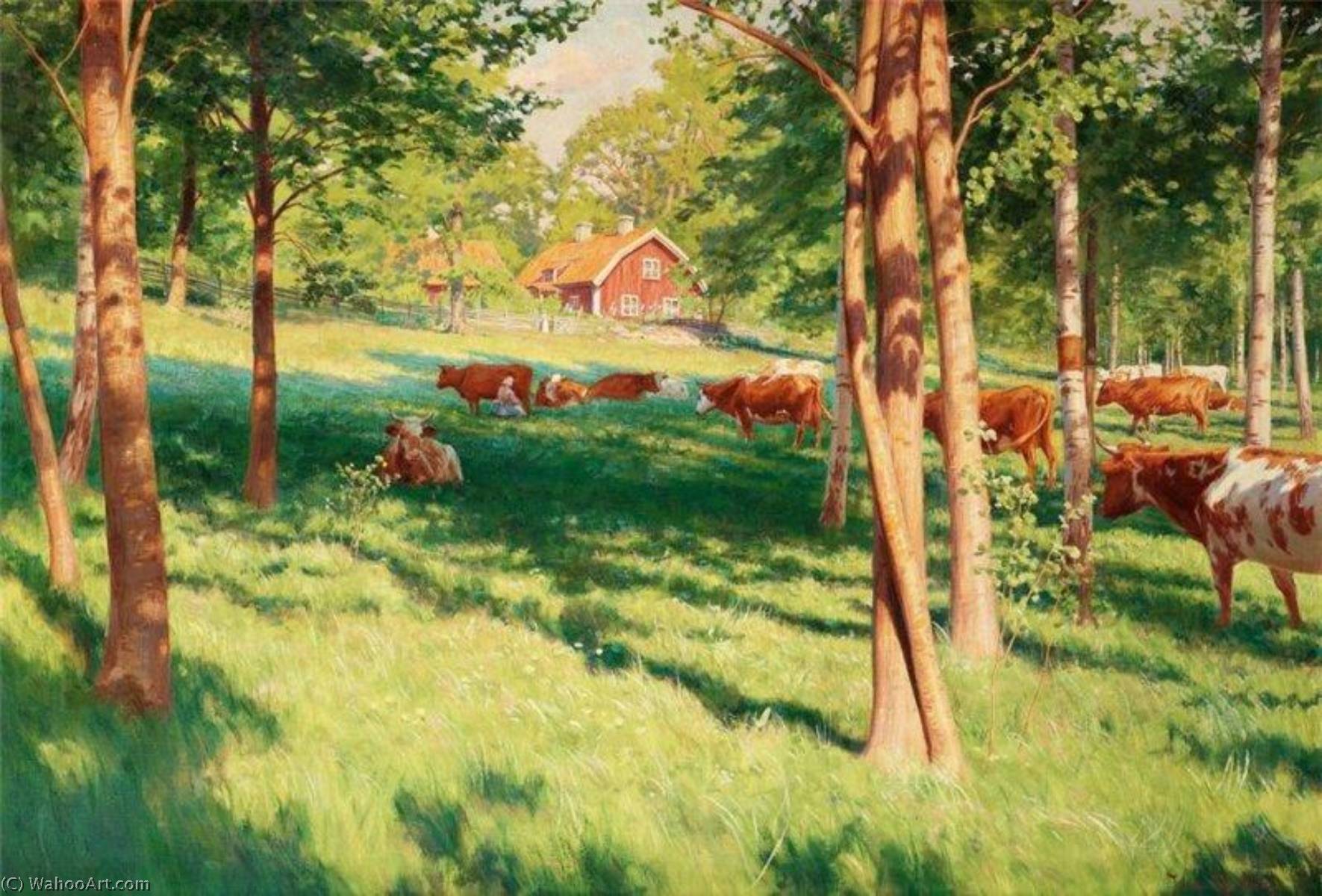 Order Oil Painting Replica Grazing cows at Schedevi, Tjärstad, 1895 by Johan Krouthén (1858-1932) | ArtsDot.com