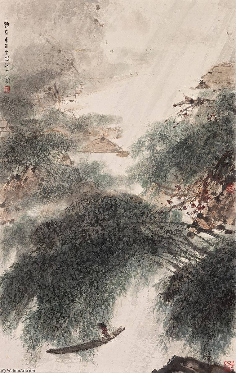 Order Paintings Reproductions BOATING UNDER THE WILLOWS by Fu Baoshi (Inspired By) (1904-1965) | ArtsDot.com