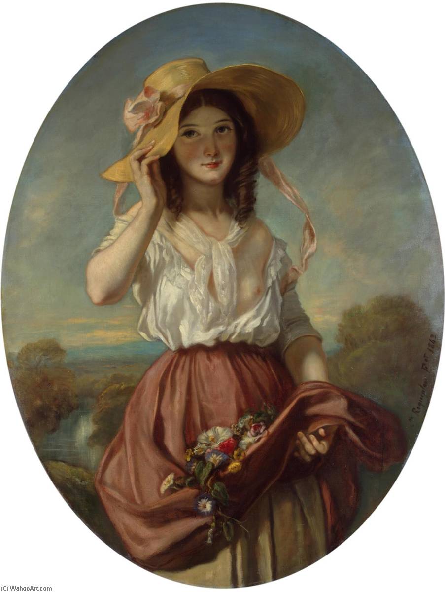 Order Oil Painting Replica Girl with Flowers, 1843 by Camille Joseph Étienne Roqueplan (1803-1855) | ArtsDot.com