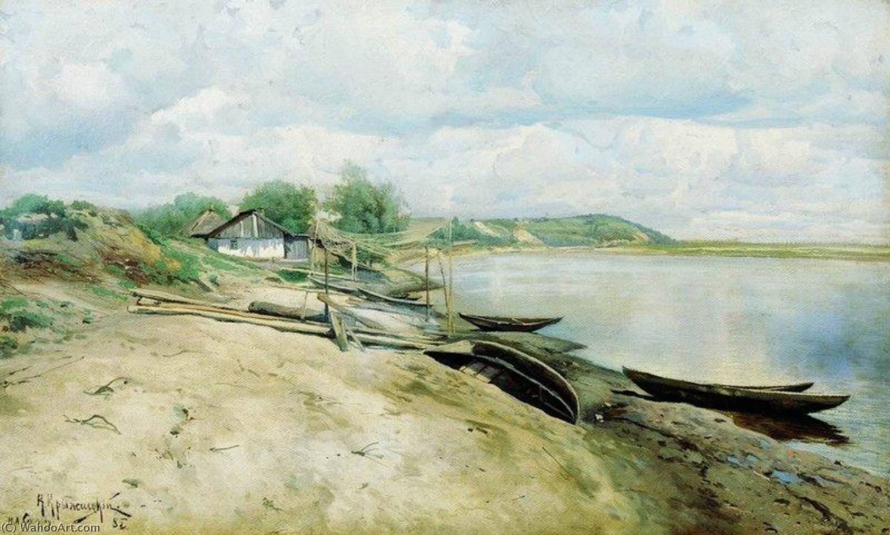 Order Paintings Reproductions Fishing Village on the Dnieper River, 1885 by Konstantin Yakovlevich Kryzhitsky (1858-1911) | ArtsDot.com
