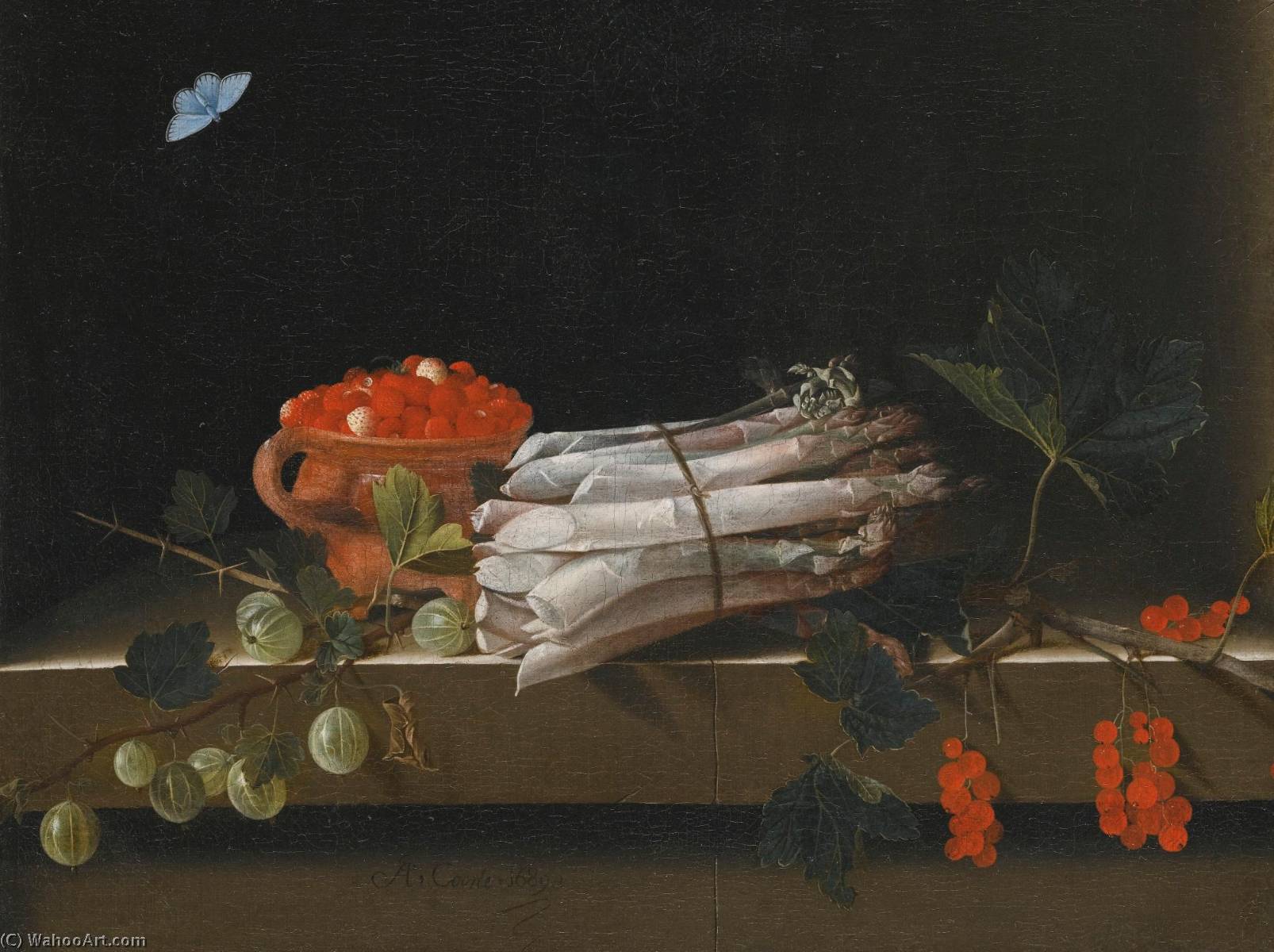 Order Paintings Reproductions Still life of an earthenware bowl of wild strawberries, a bundle of asparagus and sprigs of gooseberry and redcurrants, all on a stone ledge with a pale blue butterfly above by After Adriaen Coorte (1665-1707) | ArtsDot.com