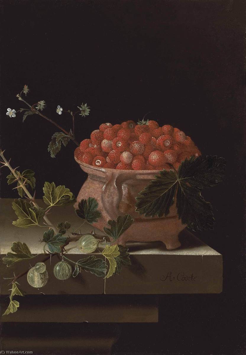 Order Oil Painting Replica English A bowl of strawberries with gooseberries on a stone ledge Nederlands Een kom aardbeien met kruisbessen op een stenen richel by After Adriaen Coorte (1665-1707) | ArtsDot.com