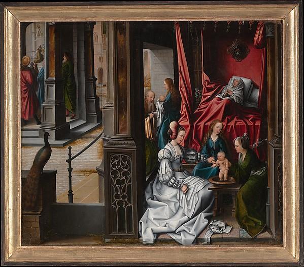 Order Oil Painting Replica The Birth and Naming of Saint John the Baptist (reverse) Trompe l`oeil with Painting of The Man of Sorrows, 1514 by Bernaert Van Orley (1487-1541, Belgium) | ArtsDot.com