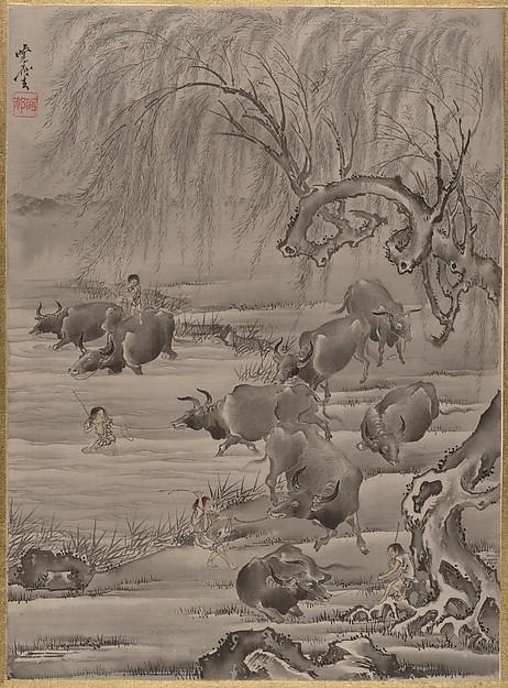 Order Paintings Reproductions Buffalo and Herdsman, 1887 by Kawanabe Kyōsai (1831-1889) | ArtsDot.com