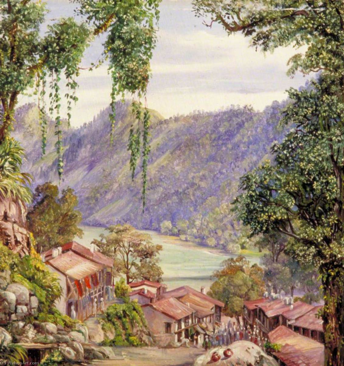 Order Oil Painting Replica Looking down the Bazaar and Lake of Nynee Tal, Kumaon, North West India, 1878 by Marianne North (1830-1890, United Kingdom) | ArtsDot.com