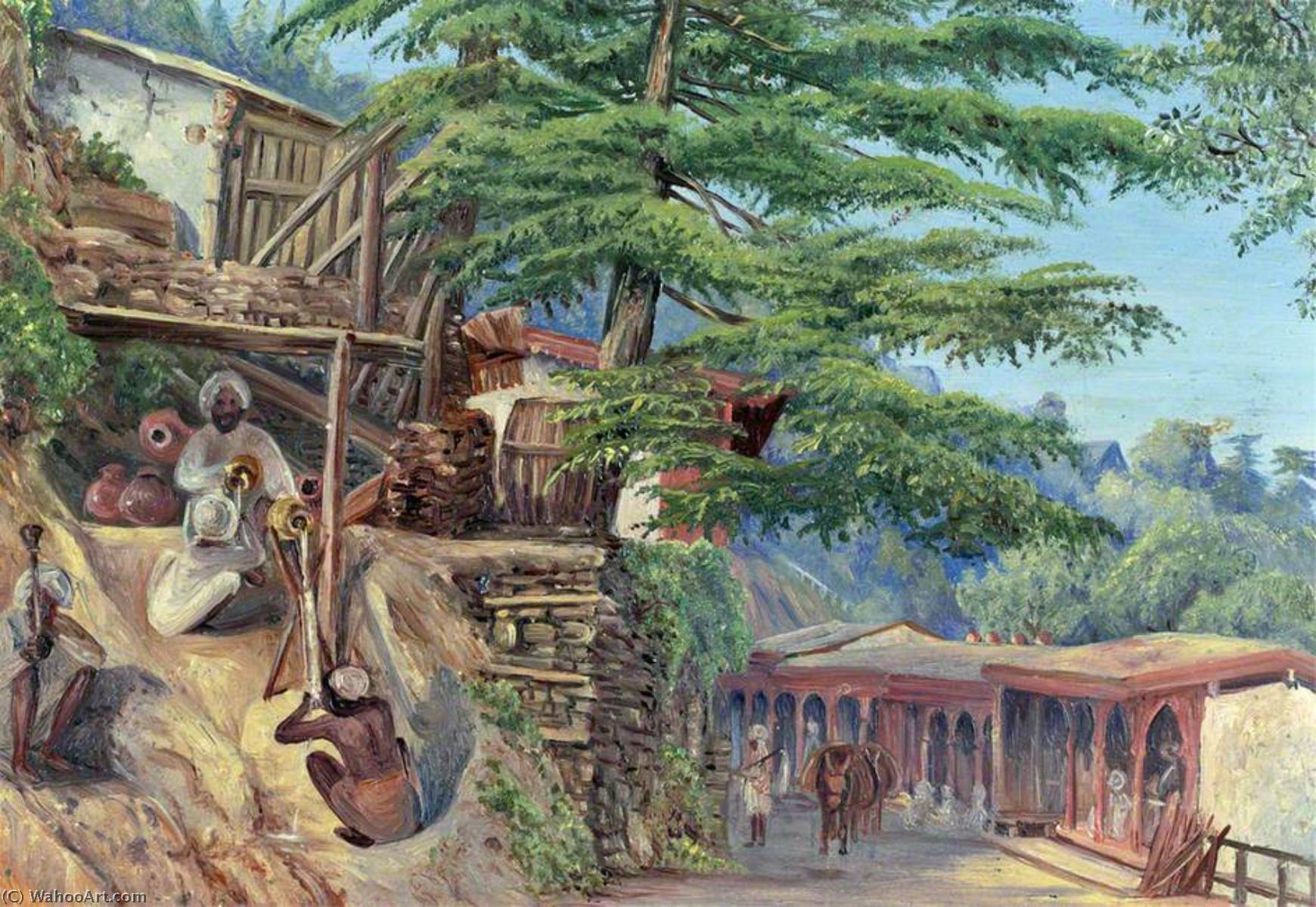 顺序 油畫 饮用花招,Simla(Shimla),喜马拉雅,印度, 1878 通过 Marianne North (1830-1890, United Kingdom) | ArtsDot.com