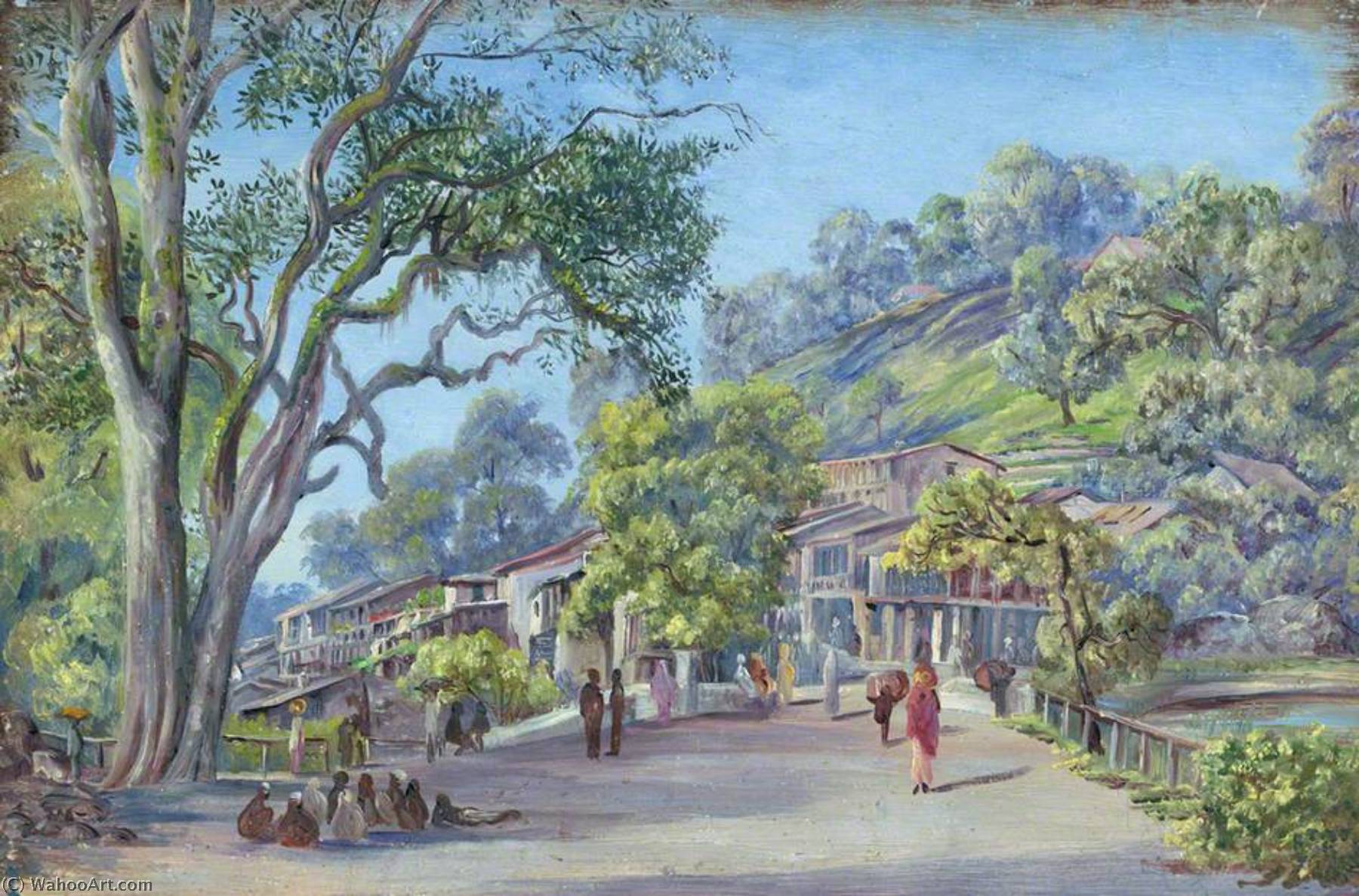 顺序 手工油畫 The Bridge and Bazaar, Nynee Tal, 1880 通过 Marianne North (1830-1890, United Kingdom) | ArtsDot.com