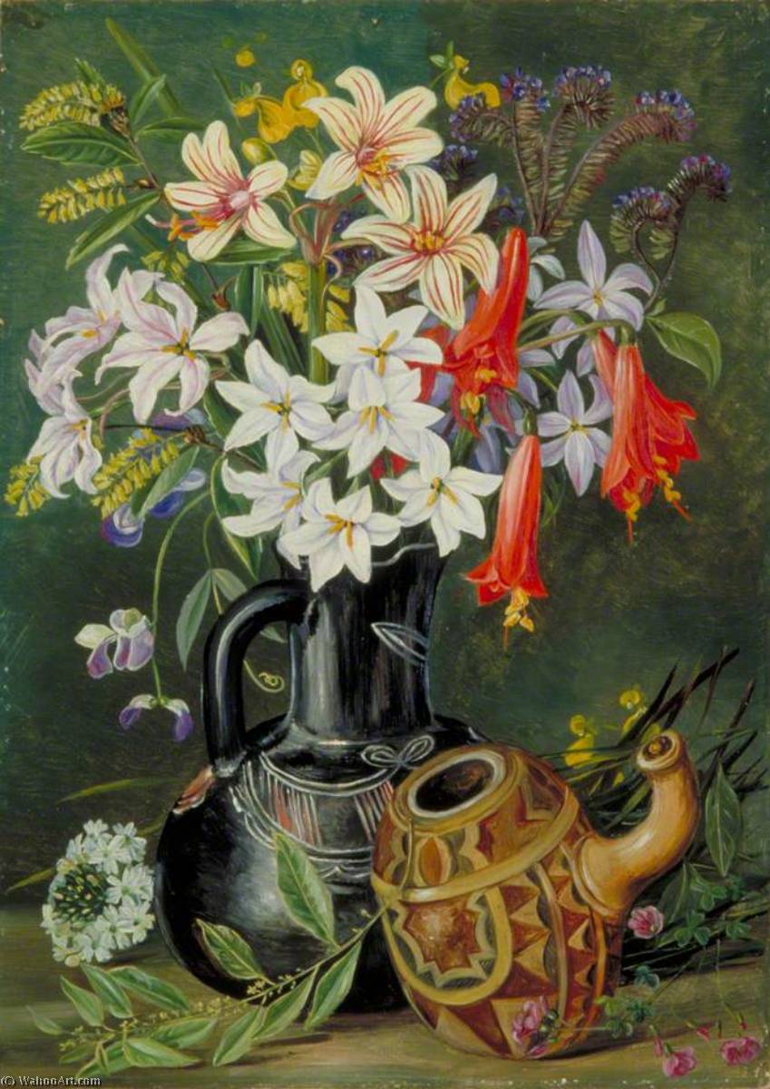 Order Oil Painting Replica Chilian Lilies and Other Flowers in Black Jug with Ornamented Gourd for Mate, 1880 by Marianne North (1830-1890, United Kingdom) | ArtsDot.com