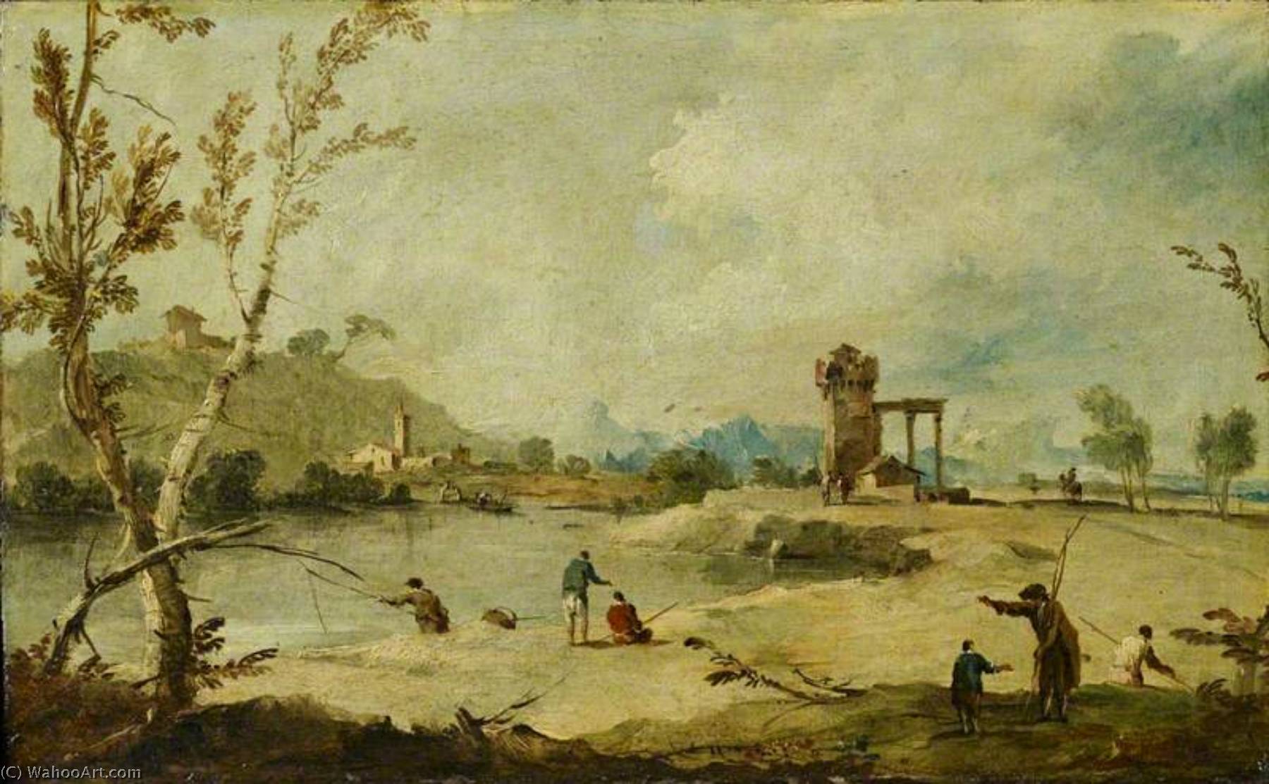 Order Art Reproductions River Landscape with a Ruined Tower and a Distant Village, 1780 by Francesco Lazzaro Guardi (1712-1793, Italy) | ArtsDot.com