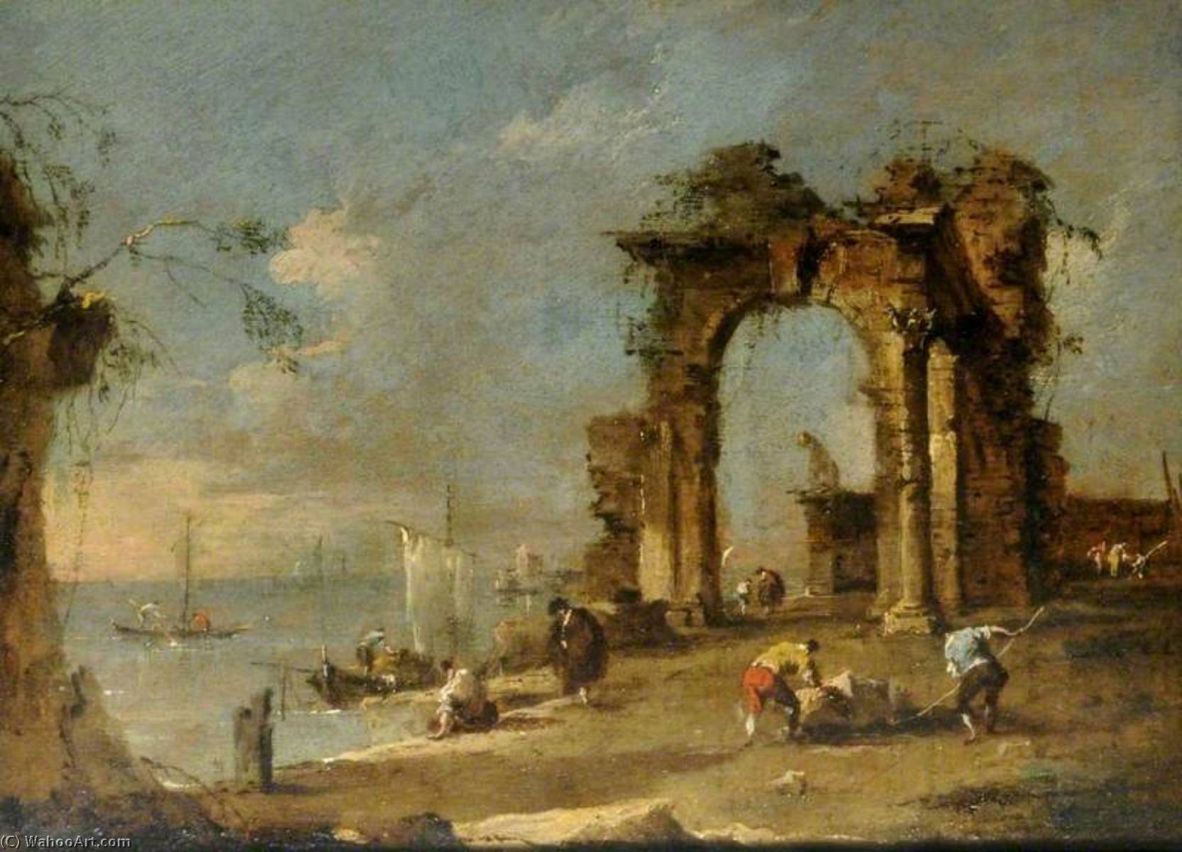 Order Paintings Reproductions Capriccio with a Ruined Archway by the Banks of a Lagoon by Francesco Lazzaro Guardi (1712-1793, Italy) | ArtsDot.com