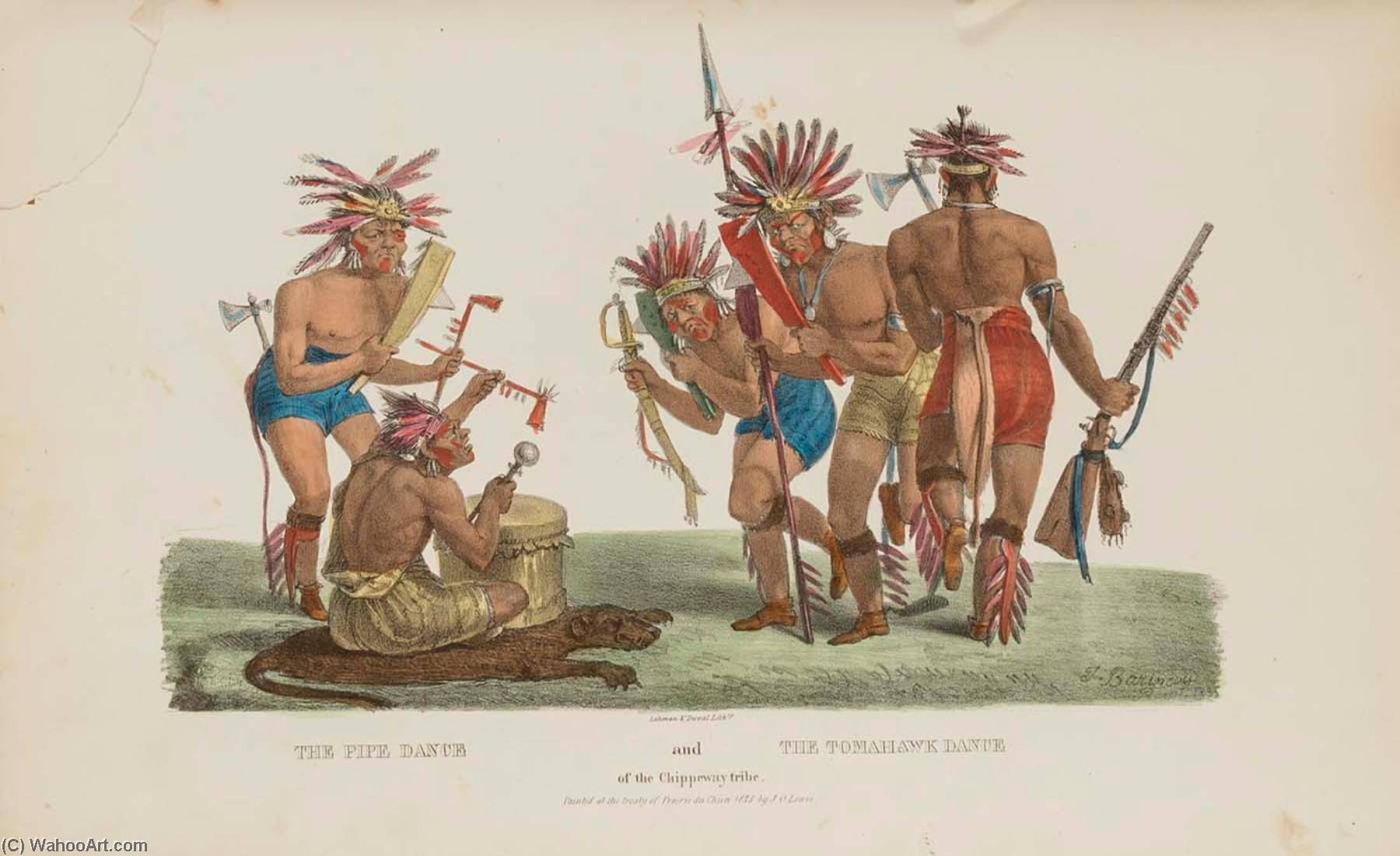 Order Oil Painting Replica The Pipe Dance and the Tomahawk Dance of the Chippeway Tribe, from The Aboriginal Portfolio, 1835 by James Otto Lewis (1973-1858, United States) | ArtsDot.com