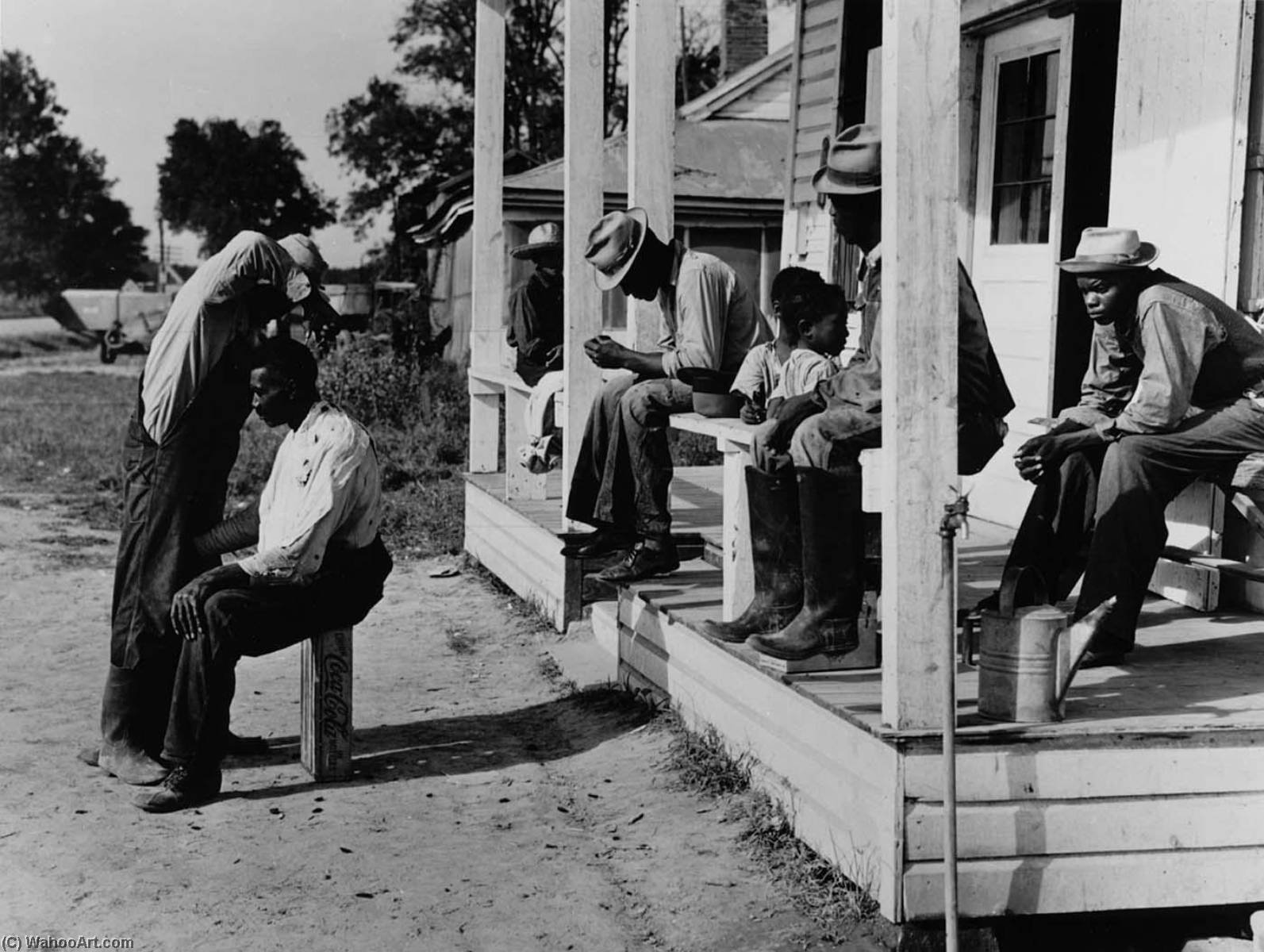 Order Artwork Replica Haircutting in front of general store on Saturday afternoon, Marcella Plantation. Mileston, Mississippi, 1939 by Marion Post Wolcott (Inspired By) (1910-1990) | ArtsDot.com