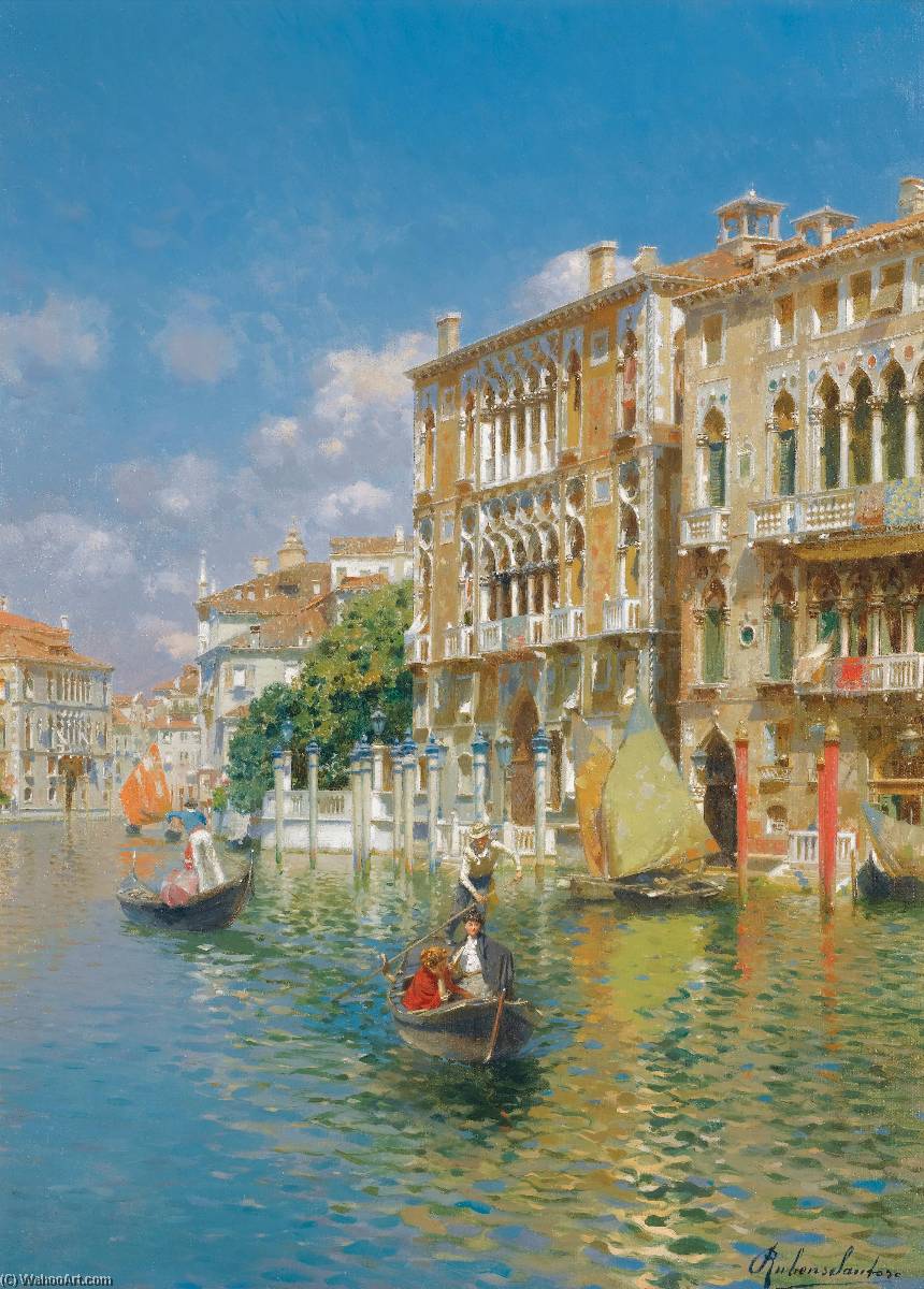 Buy Museum Art Reproductions Gondoliers in front of the Palazzo Cavalli Franchetti, Venice by Rubens Santoro (1859-1941) | ArtsDot.com