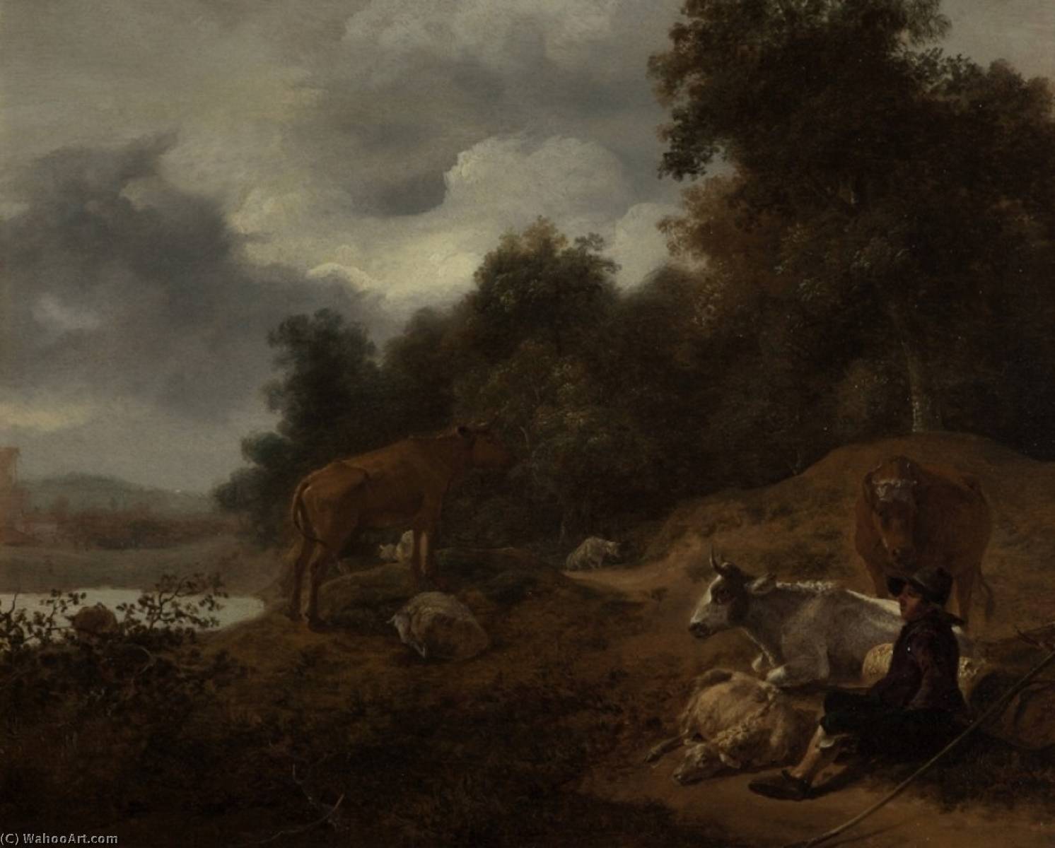 Order Art Reproductions Landscape with Herdsman and Cattle, 1640 by Nicolaes Berchem | ArtsDot.com