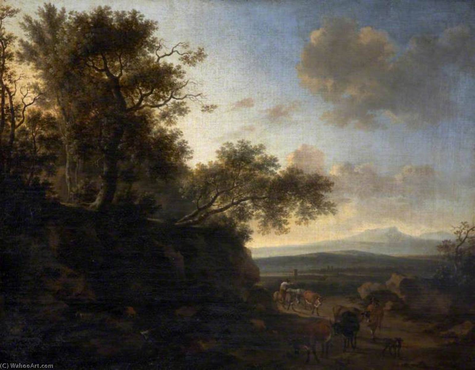 Order Paintings Reproductions Landscape with a Huntsman and Cattle, 1650 by Nicolaes Berchem | ArtsDot.com