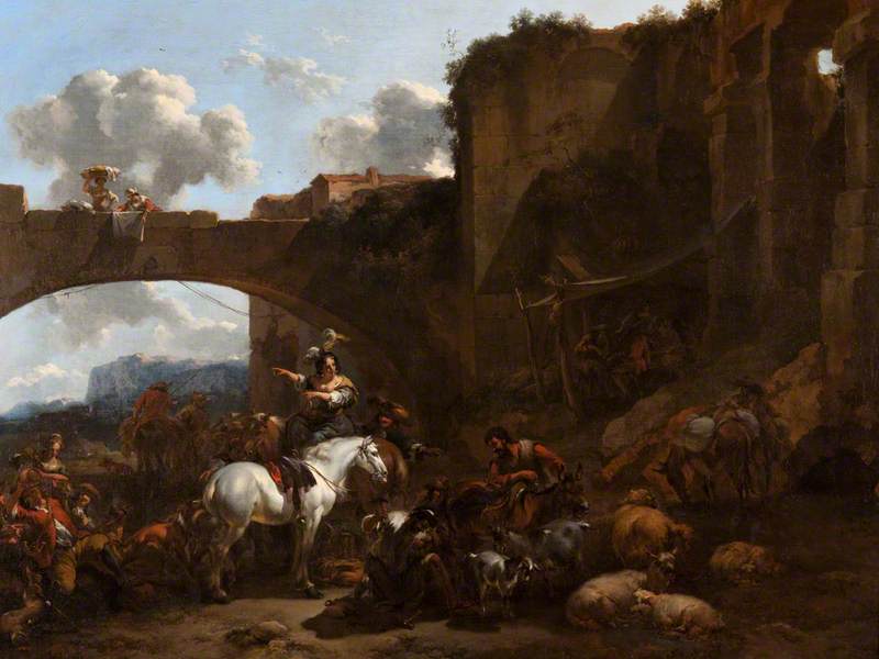 Order Paintings Reproductions A Country Gathering by a Bridge, 1665 by Nicolaes Berchem | ArtsDot.com