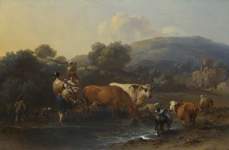Buy Museum Art Reproductions Peasants with Cattle fording a Stream, 1674 by Nicolaes Berchem | ArtsDot.com