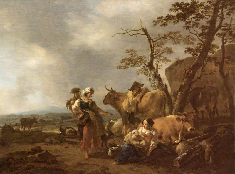 Order Oil Painting Replica Pastoral Scene with Figures and Animals by Nicolaes Berchem | ArtsDot.com
