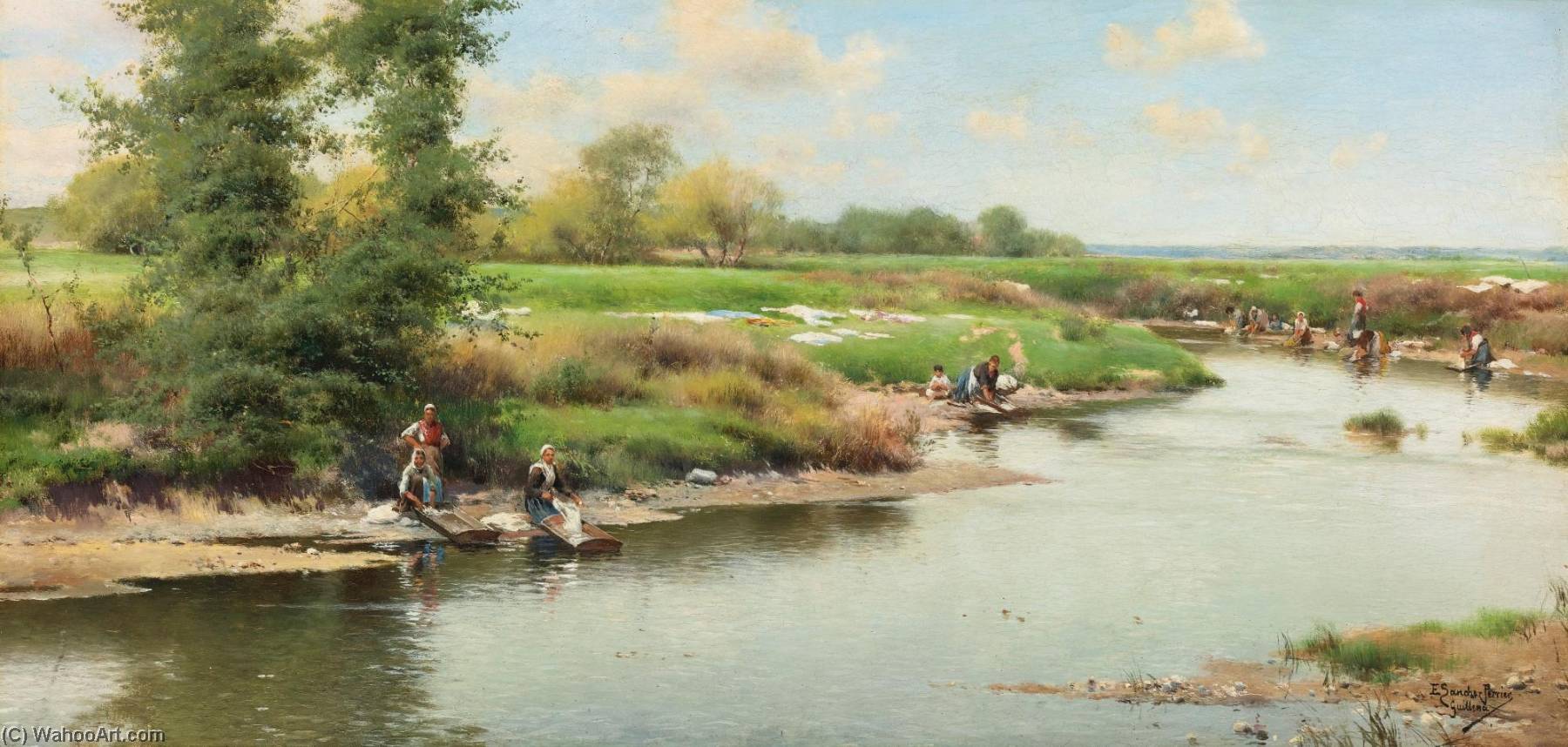 Order Oil Painting Replica Washerwomen at the Edge of the River, Guillena by Emilio Sanchez-Perrier (1855-1907, Spain) | ArtsDot.com