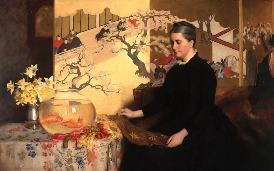 顺序 畫複製 附有日本 Screen和金fish的夫人, 1886 通过 James Cadenhead (1858-1927) | ArtsDot.com