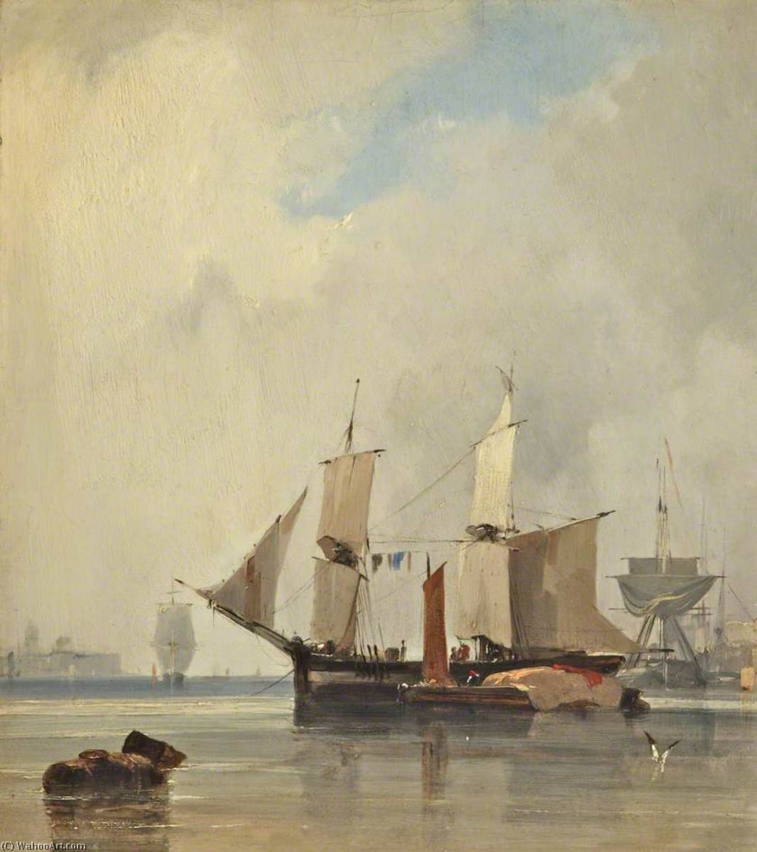 Order Art Reproductions Fishing Boats in a Calm, Ships at Anchor, 1825 by Richard Parkes Bonington (1802-1828, United Kingdom) | ArtsDot.com