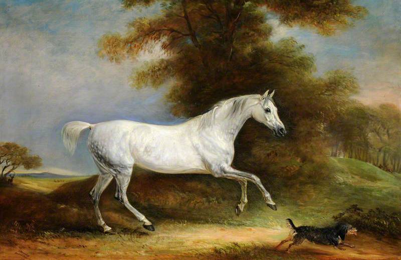 Order Oil Painting Replica A Dappled Grey Hunter Called `Spangle` and a Terrier Called `Reveller`, 1843 by John E Ferneley I | ArtsDot.com