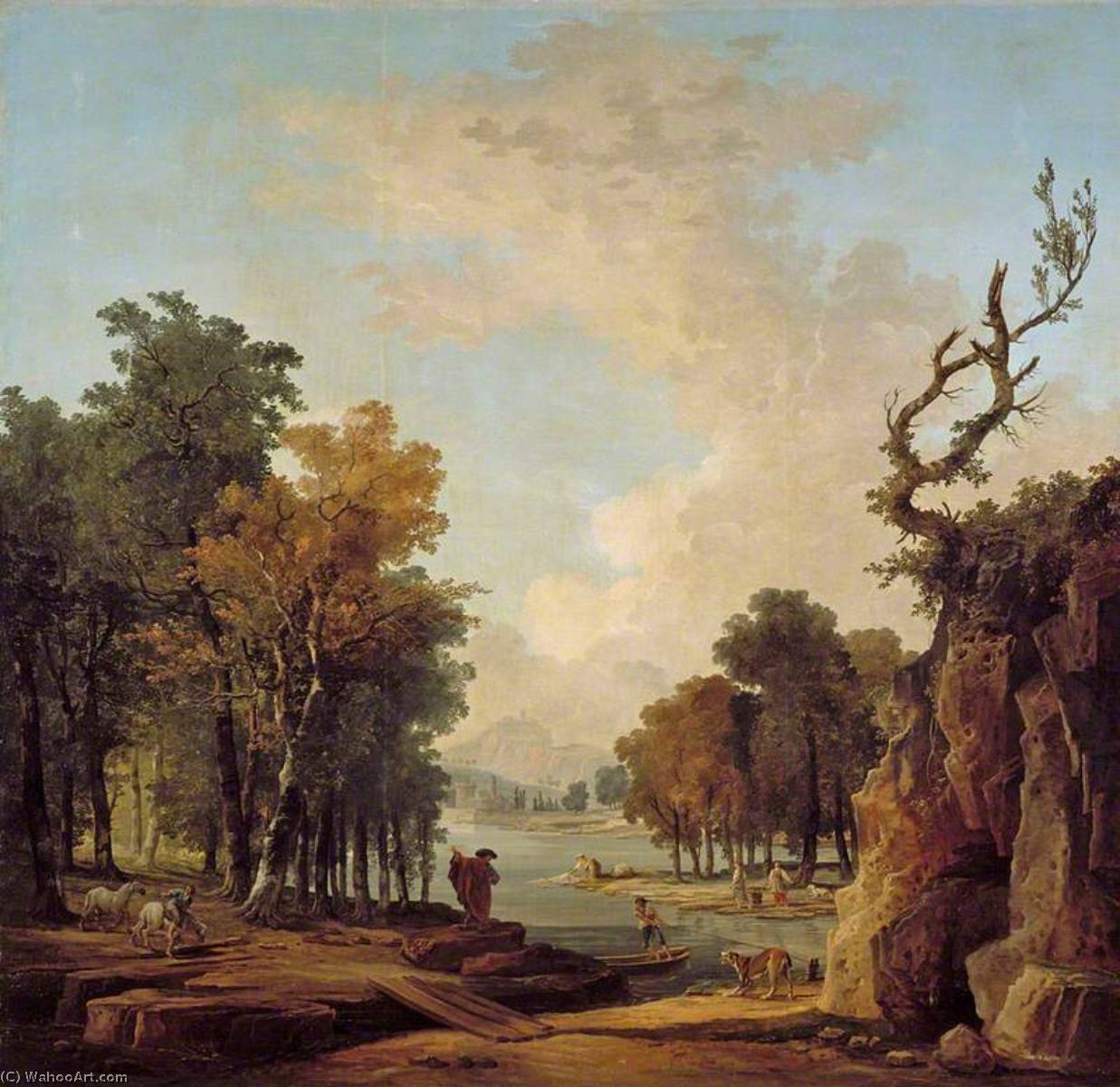 Order Art Reproductions Wooded River Landscape with a Traveller, a Barking Dog, a Horseman, and Women Washing at an Islet, 1798 by Hubert Robert (1733-1808, France) | ArtsDot.com