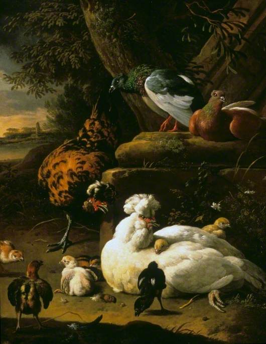 Buy Museum Art Reproductions A Hen with Chicks, a Rooster and Pigeons in a Landscape, 1670 by Melchior De Hondecoeter | ArtsDot.com