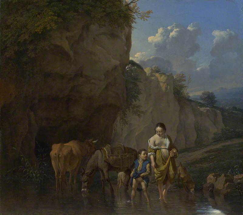 Order Art Reproductions A Woman and a Boy with Animals at a Ford, 1657 by Karel Dujardin (1626-1678, Netherlands) | ArtsDot.com