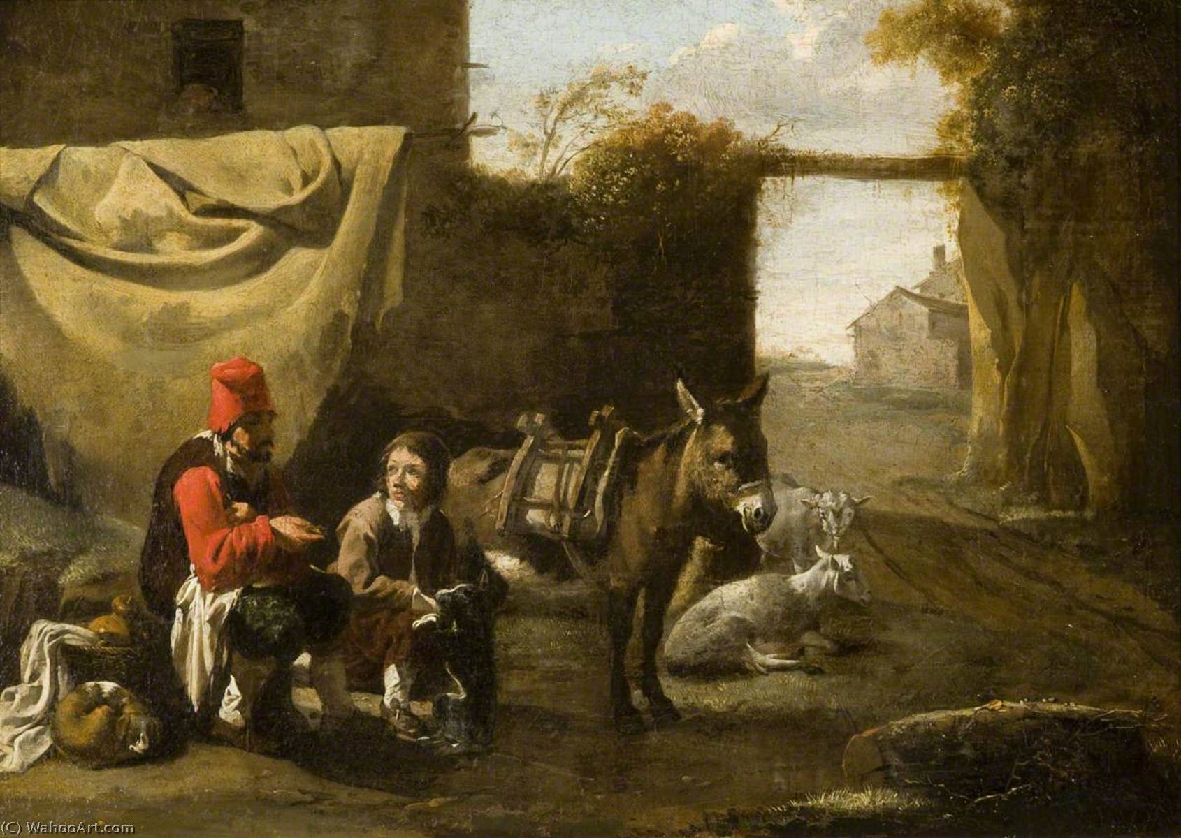 Order Paintings Reproductions Two Figures with a Donkey and Sheep by Karel Dujardin (1626-1678, Netherlands) | ArtsDot.com