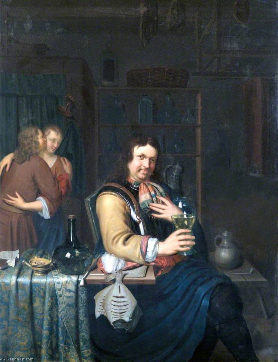 Buy Museum Art Reproductions Interior with a Cavalier Drinking and a Couple Embracing, 1700 by Willem Van Mieris (1662-1747, Netherlands) | ArtsDot.com