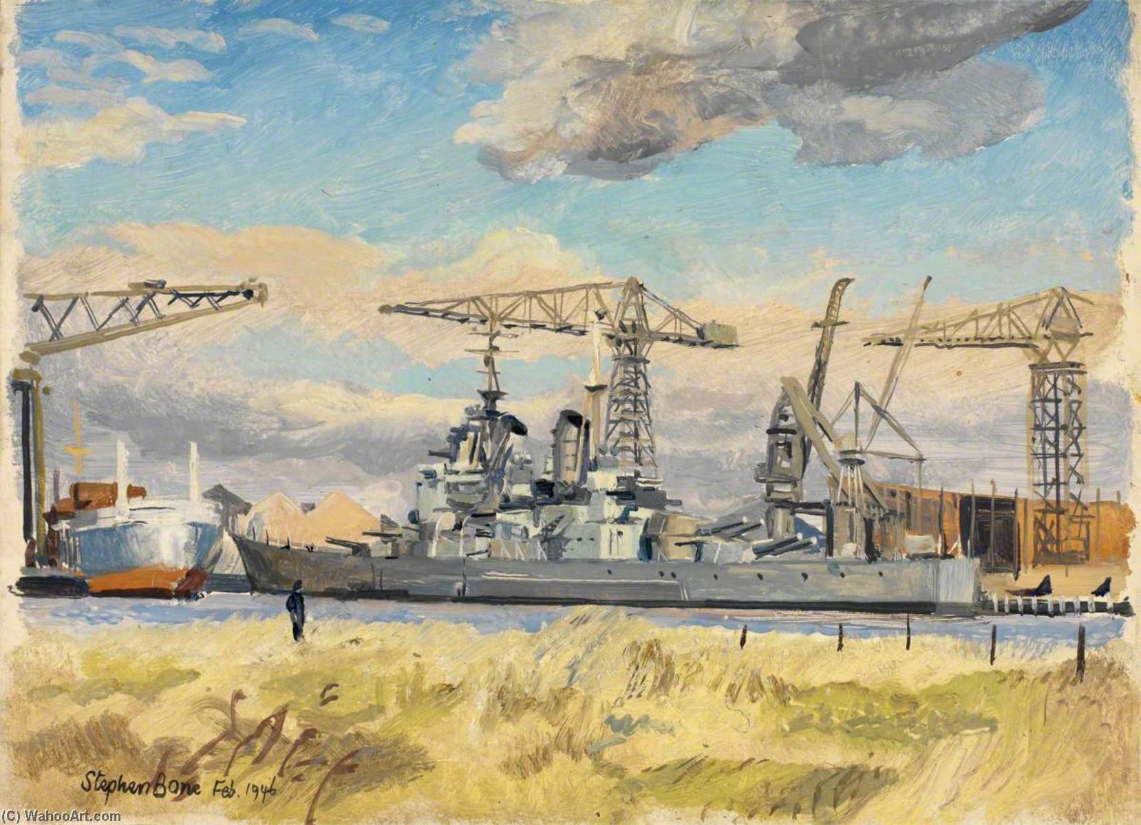 Order Oil Painting Replica HMS `Vanguard` from across the Clyde, February 1946, 1946 by Stephen Bone (Inspired By) (1904-1958, United Kingdom) | ArtsDot.com
